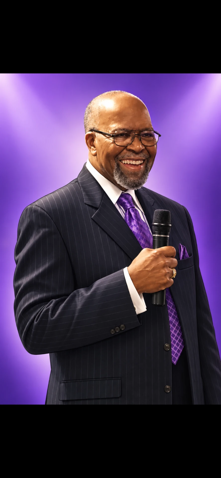 Granddaddy smiling while holding a microphone
