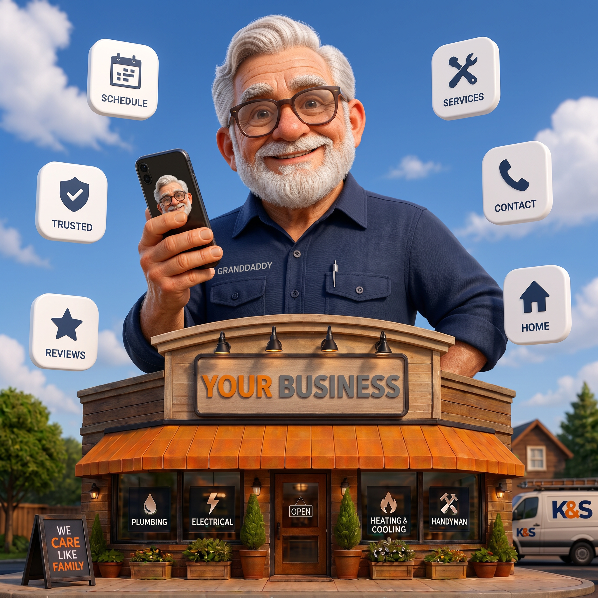Granddaddy standing above the Your Business storefront