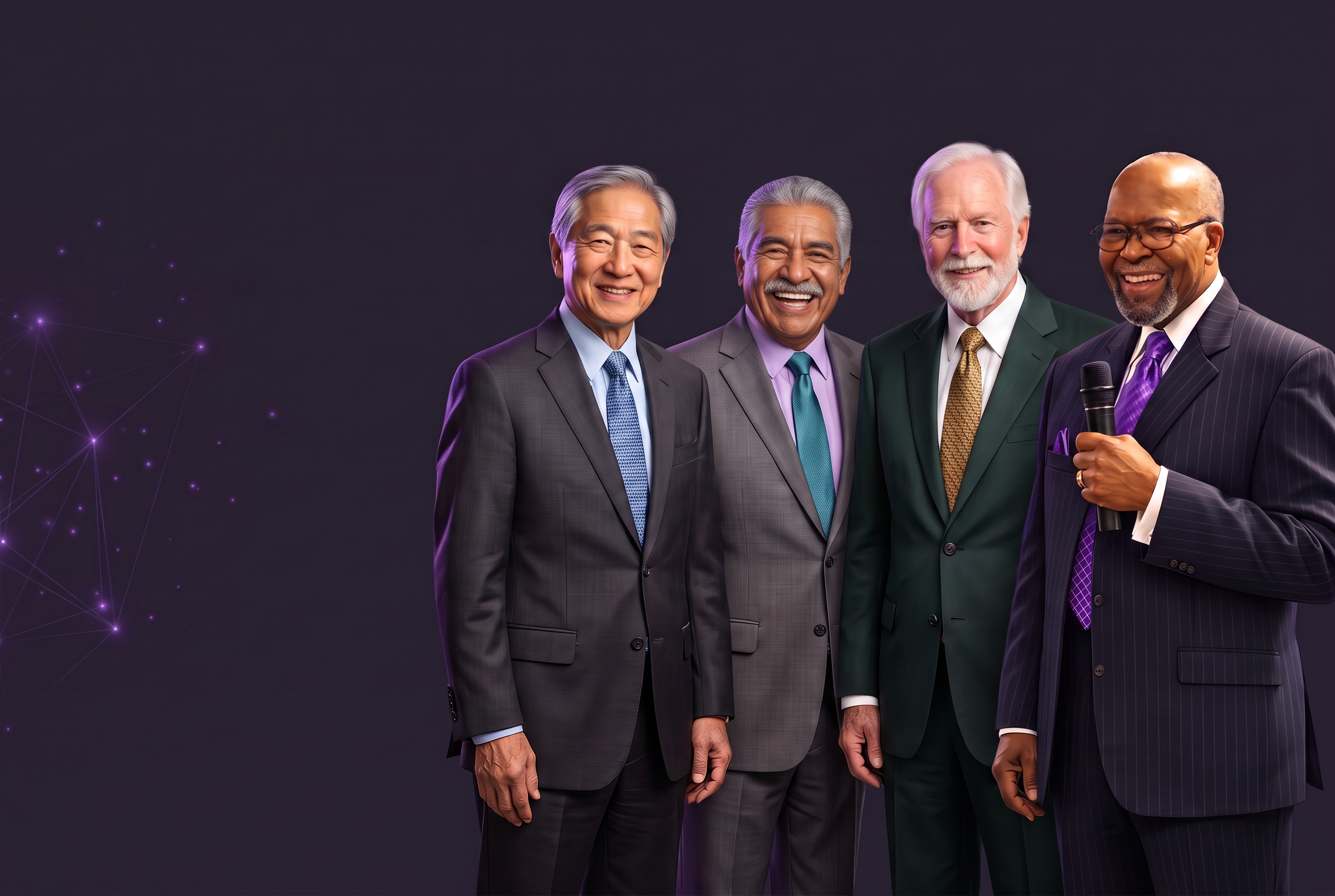 Four Granddaddies standing together in suits, with the original Granddaddy holding a microphone